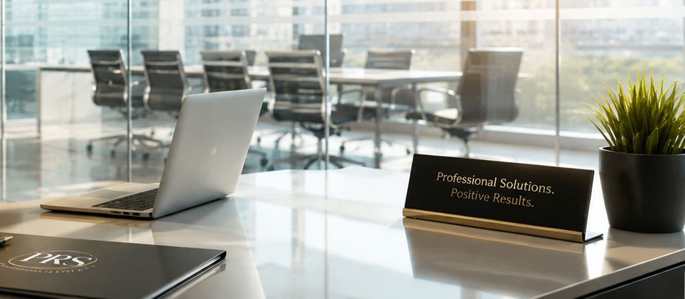 Office desk with a nameplate reading Professional Solutions, Positive Results