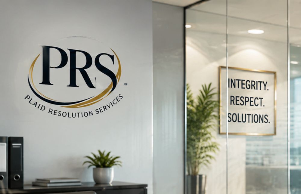 Plaid Resolution Services office lobby with the PRS logo on the wall